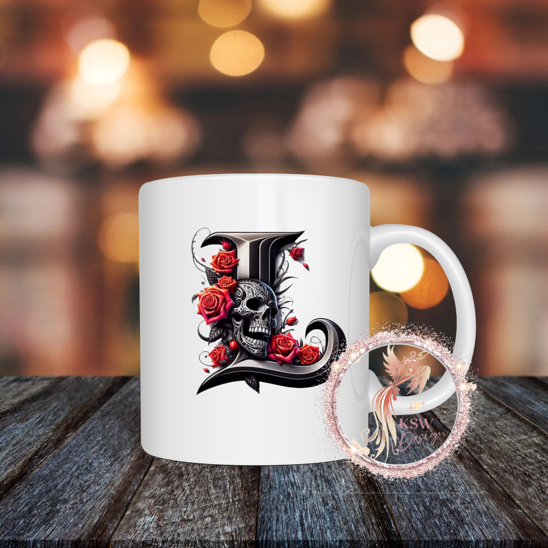 Gothic Skull & Roses Initial Mug