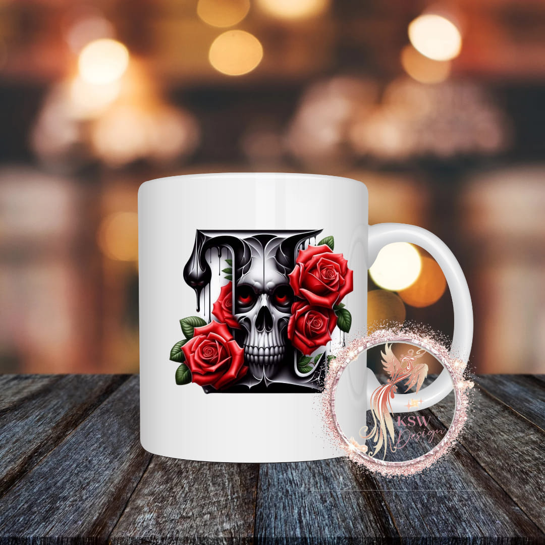 Gothic Skull & Roses Initial Mug