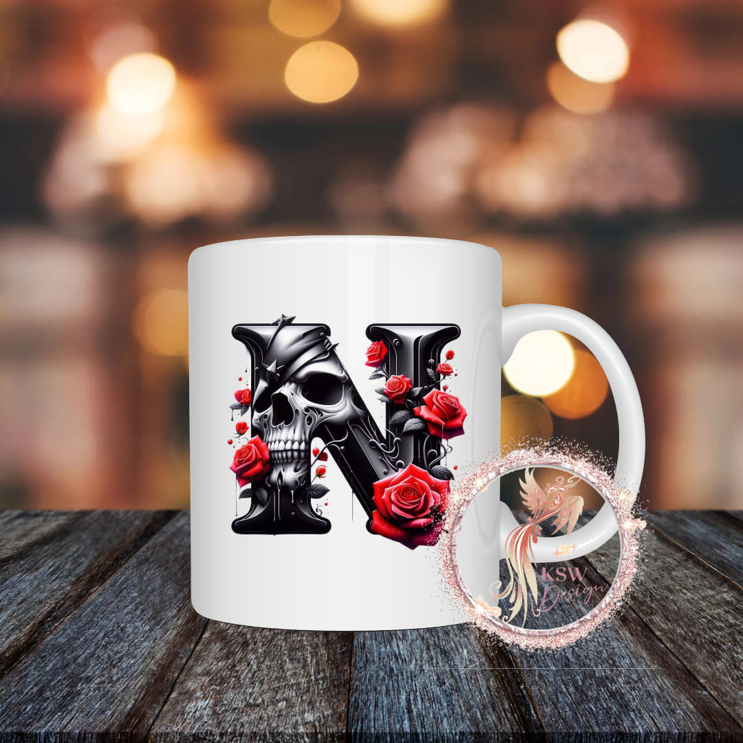 Gothic Skull & Roses Initial Mug