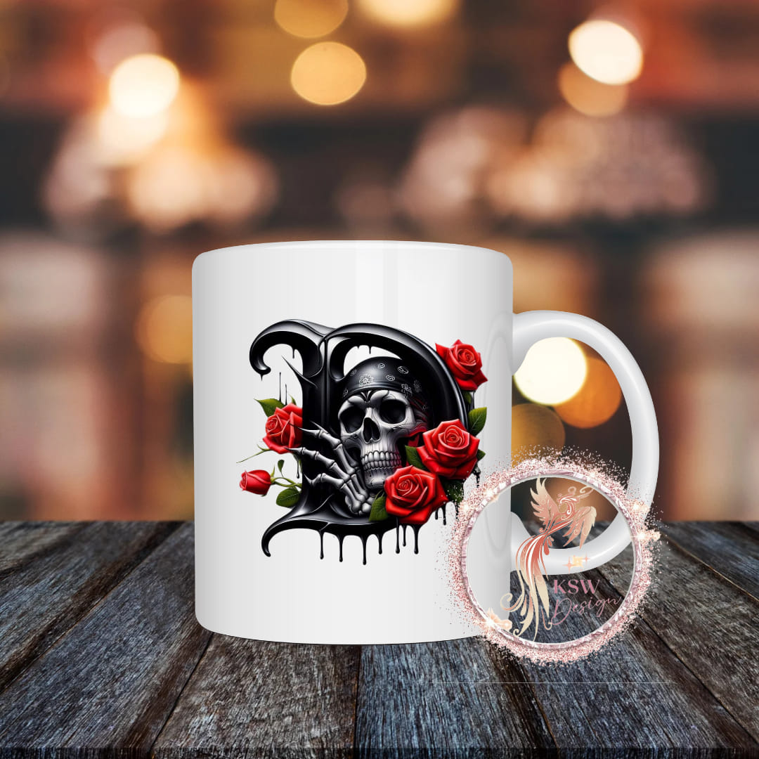 Gothic Skull & Roses Initial Mug