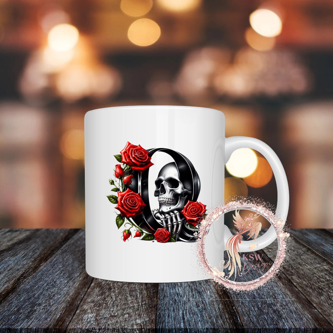 Gothic Skull & Roses Initial Mug