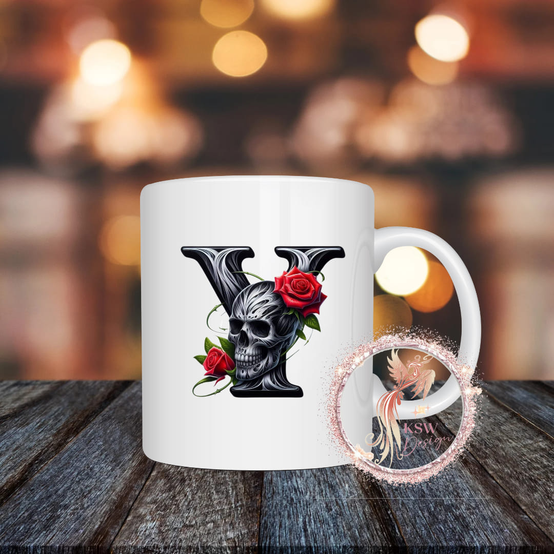 Gothic Skull & Roses Initial Mug