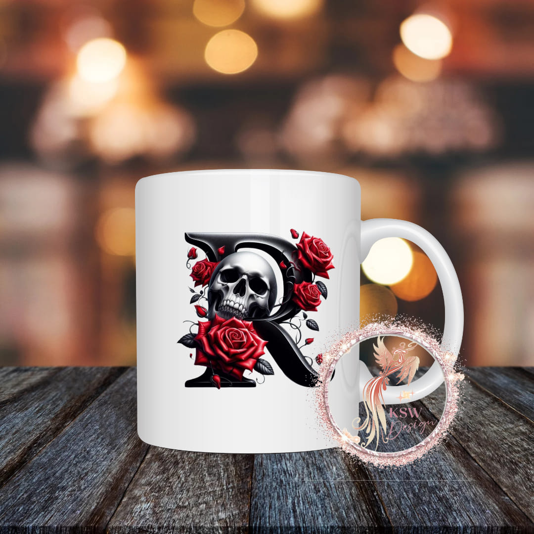 Gothic Skull & Roses Initial Mug