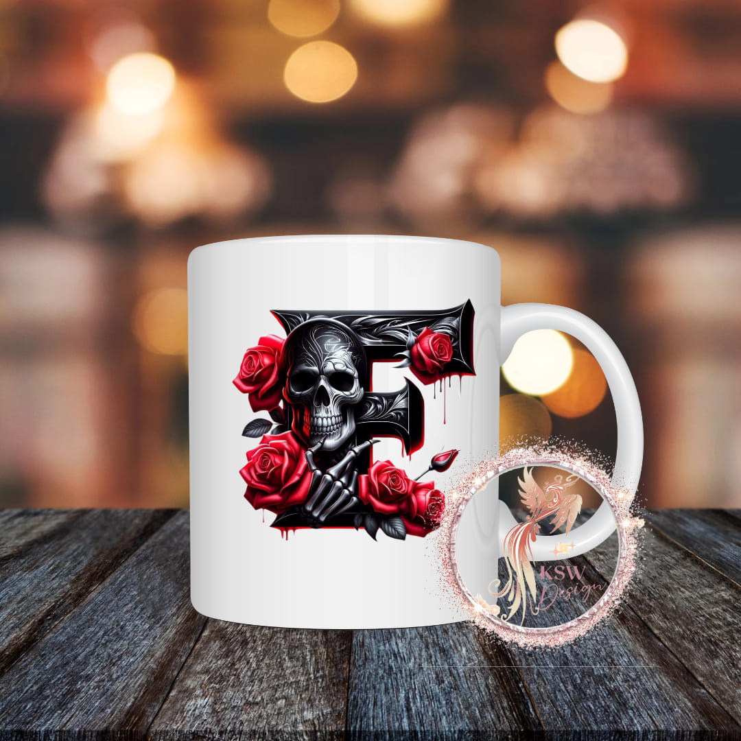 Gothic Skull & Roses Initial Mug