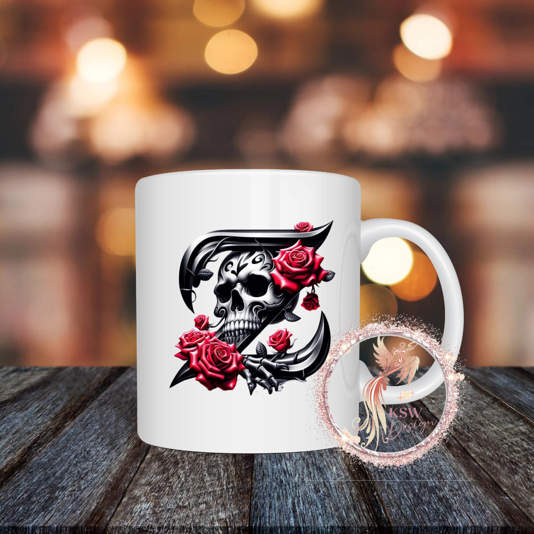 Gothic Skull & Roses Initial Mug