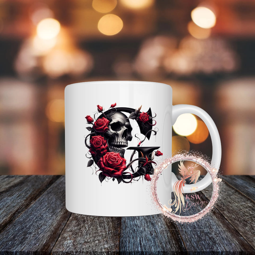 Gothic Skull & Roses Initial Mug