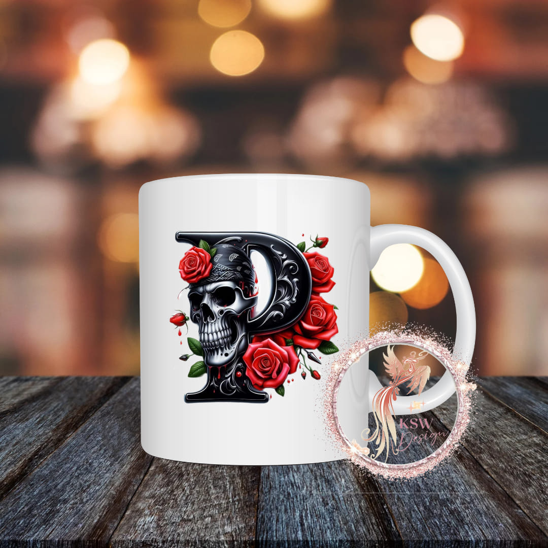 Gothic Skull & Roses Initial Mug