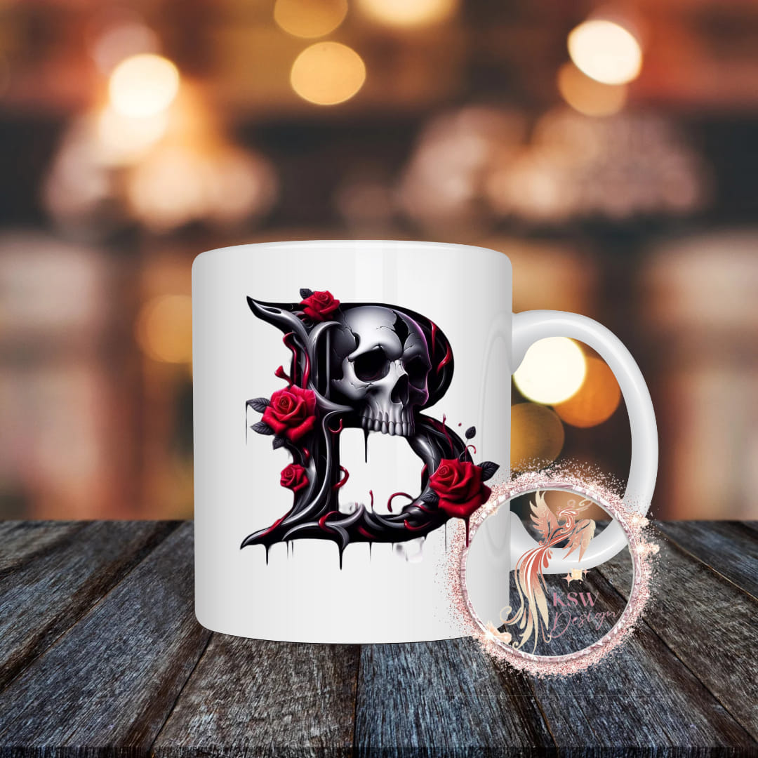 Gothic Skull & Roses Initial Mug