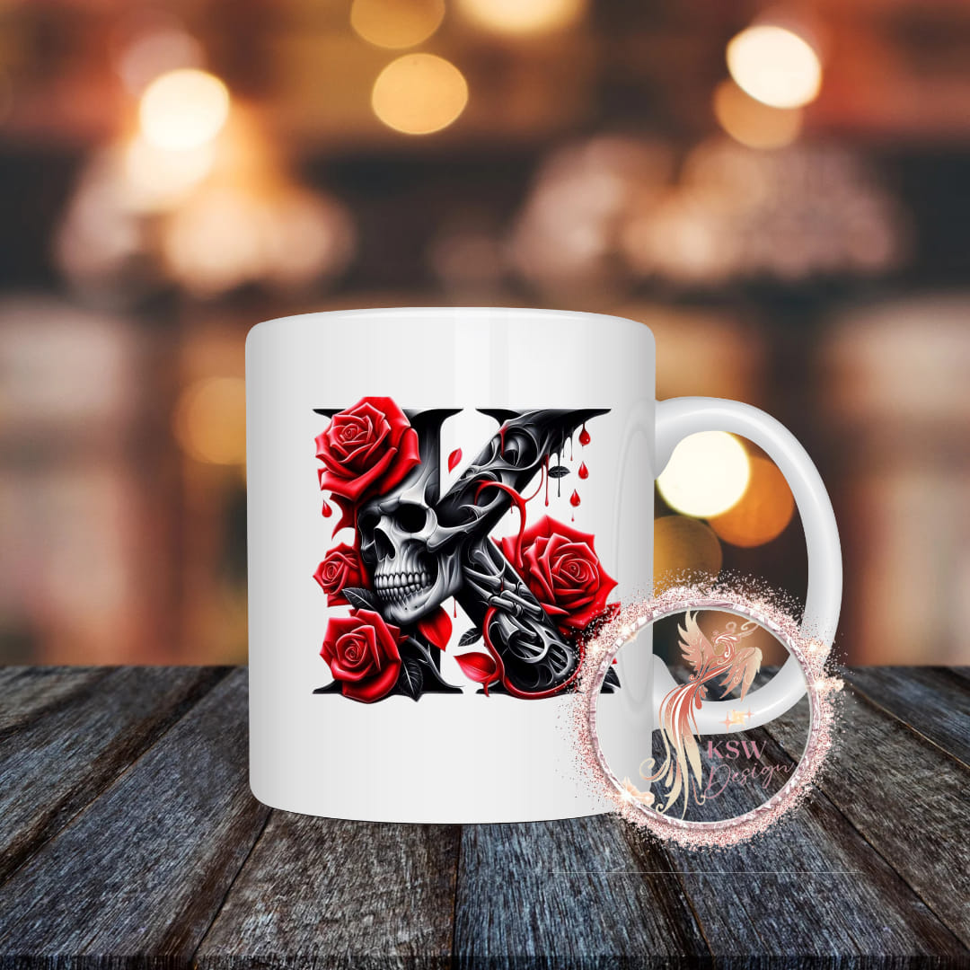 Gothic Skull & Roses Initial Mug