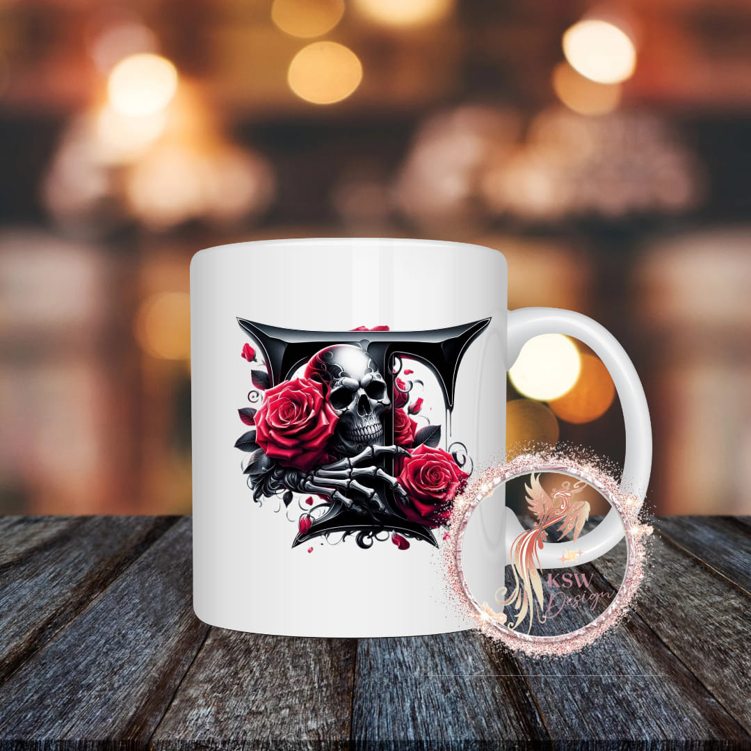 Gothic Skull & Roses Initial Mug