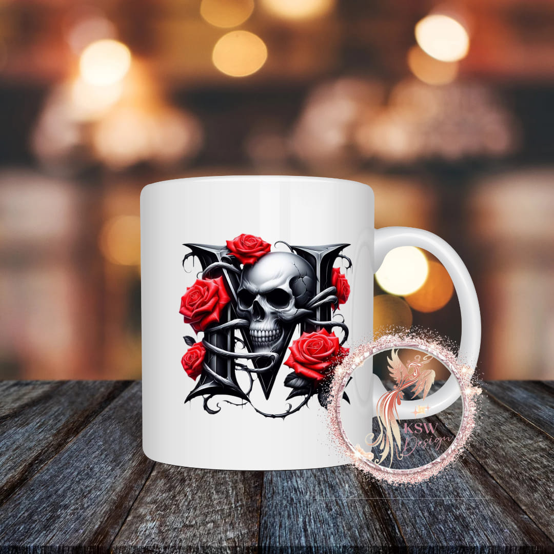 Gothic Skull & Roses Initial Mug