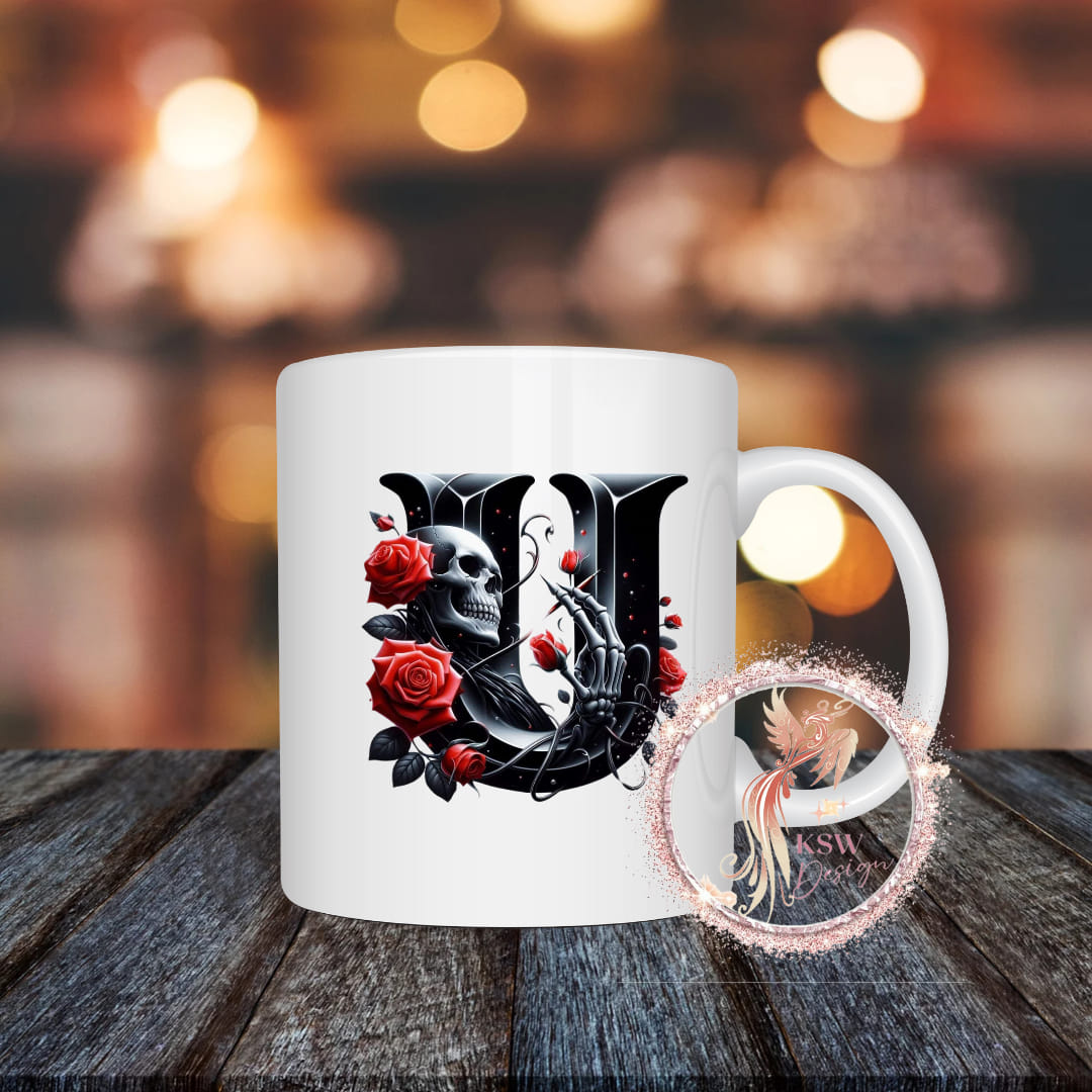 Gothic Skull & Roses Initial Mug