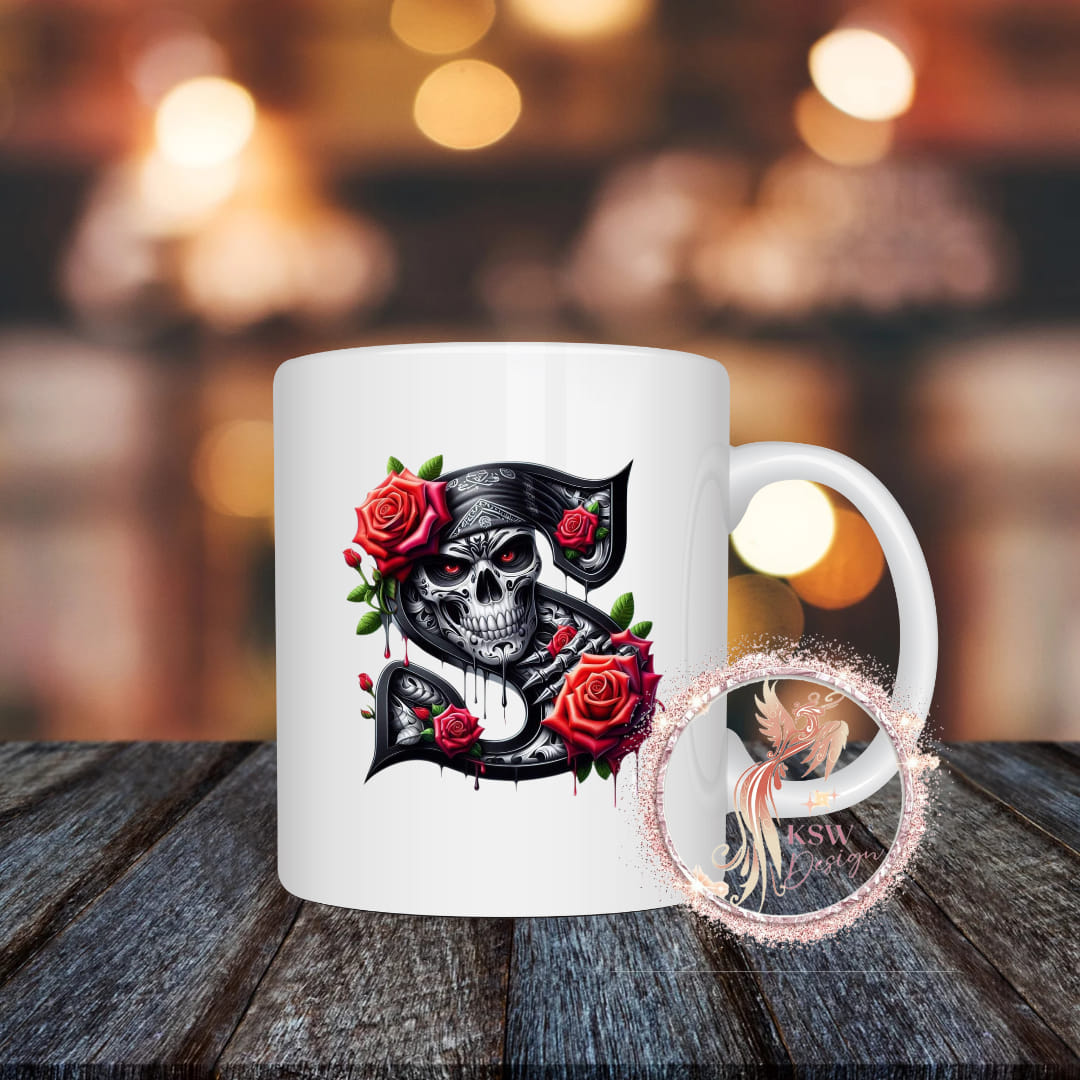 Gothic Skull & Roses Initial Mug