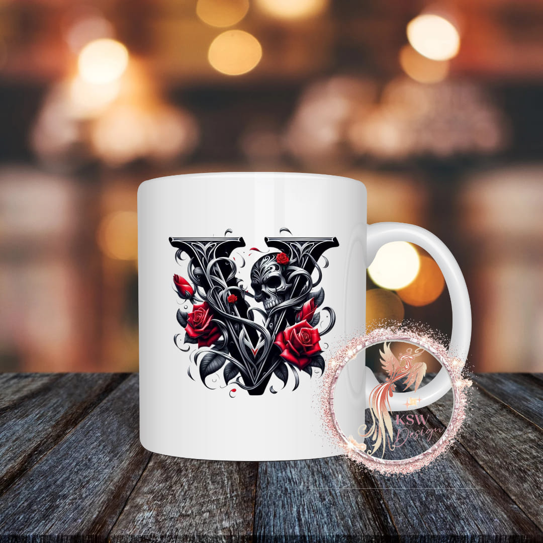 Gothic Skull & Roses Initial Mug