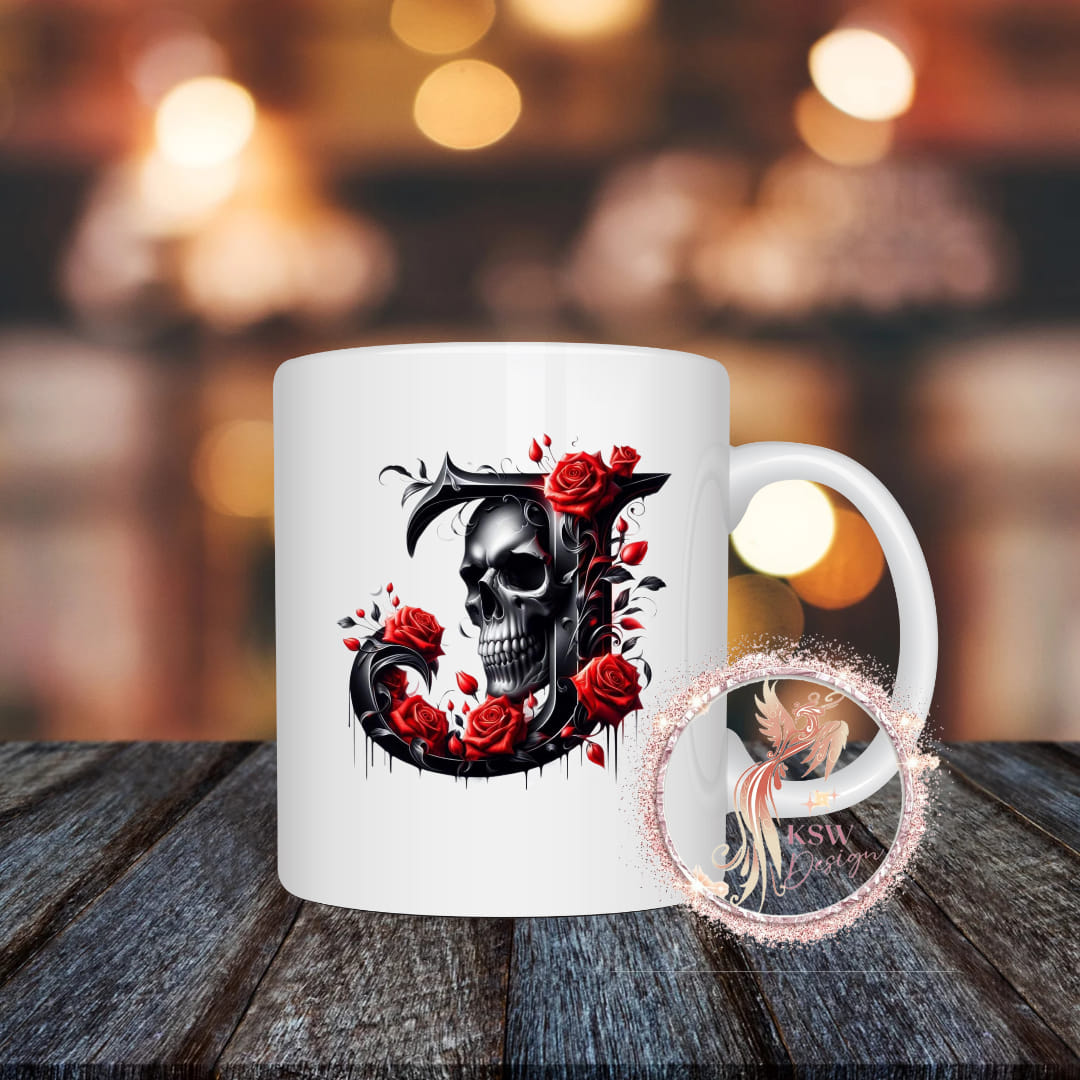 Gothic Skull & Roses Initial Mug