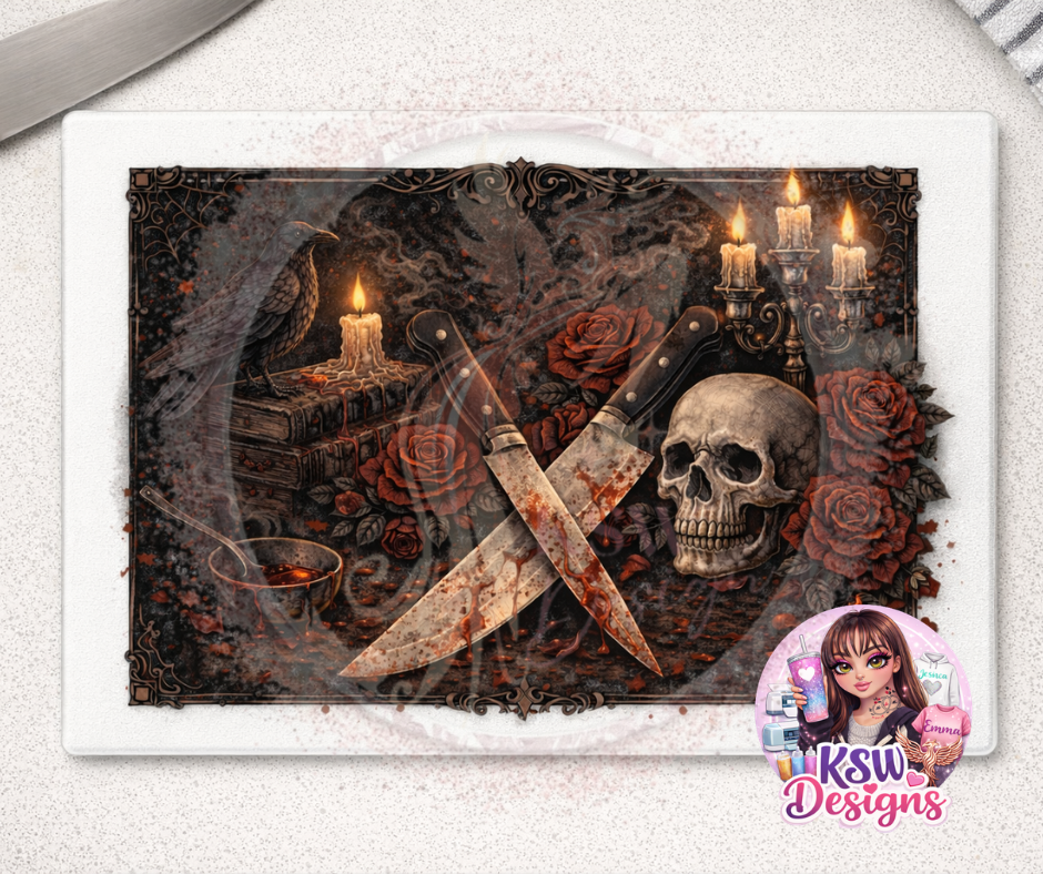 Gothic Skull & Roses Glass Chopping Board – 11" x 8
