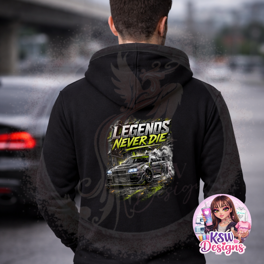 Legends Never Die Street Racing Zip-Up Hoodie | Drift Car Zip Hoodie UK