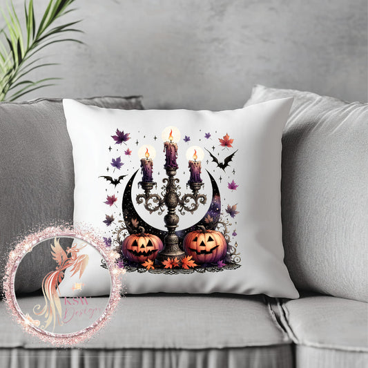 Gothic Candlestick & Pumpkins Cushion