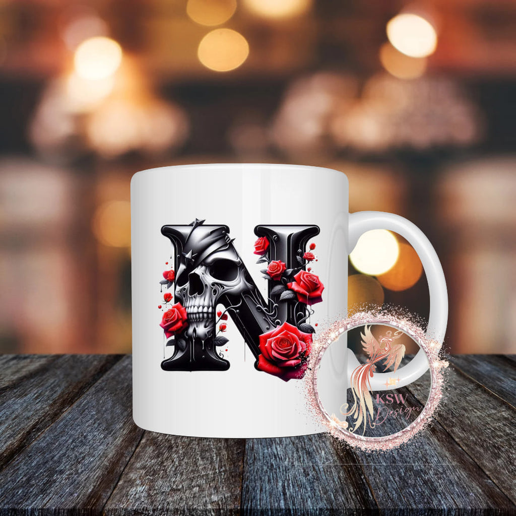 Gothic Skull & Roses Initial Mug