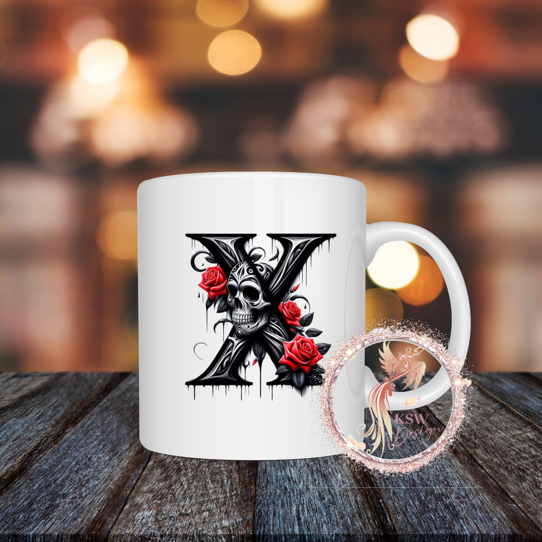 Gothic Skull & Roses Initial Mug