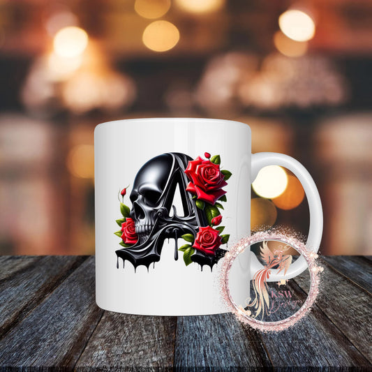 Gothic Skull & Roses Initial Mug