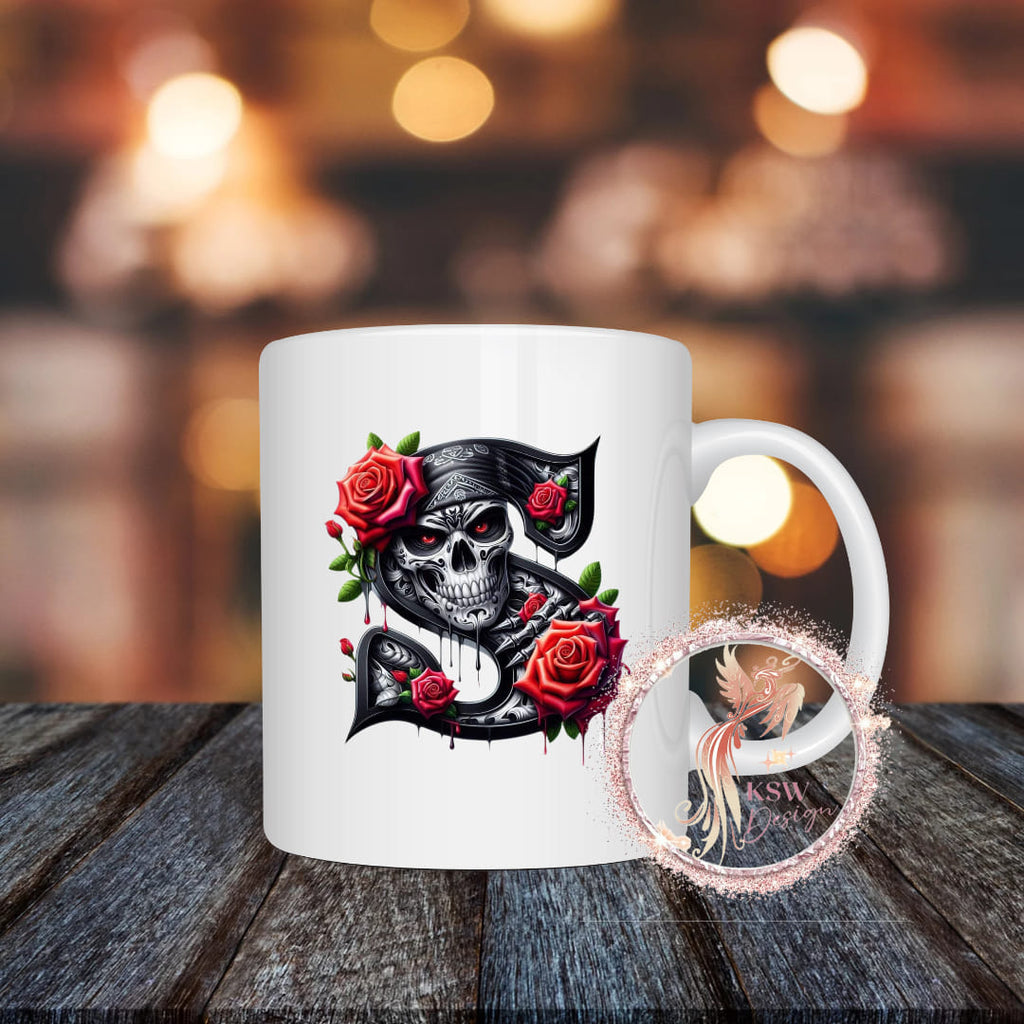 Gothic Skull & Roses Initial Mug