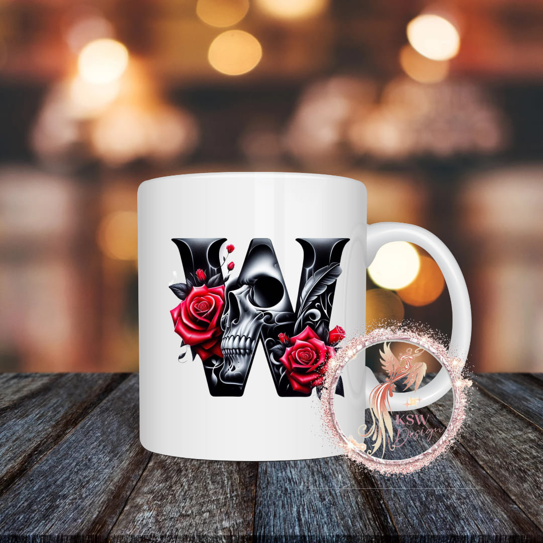 Gothic Skull & Roses Initial Mug