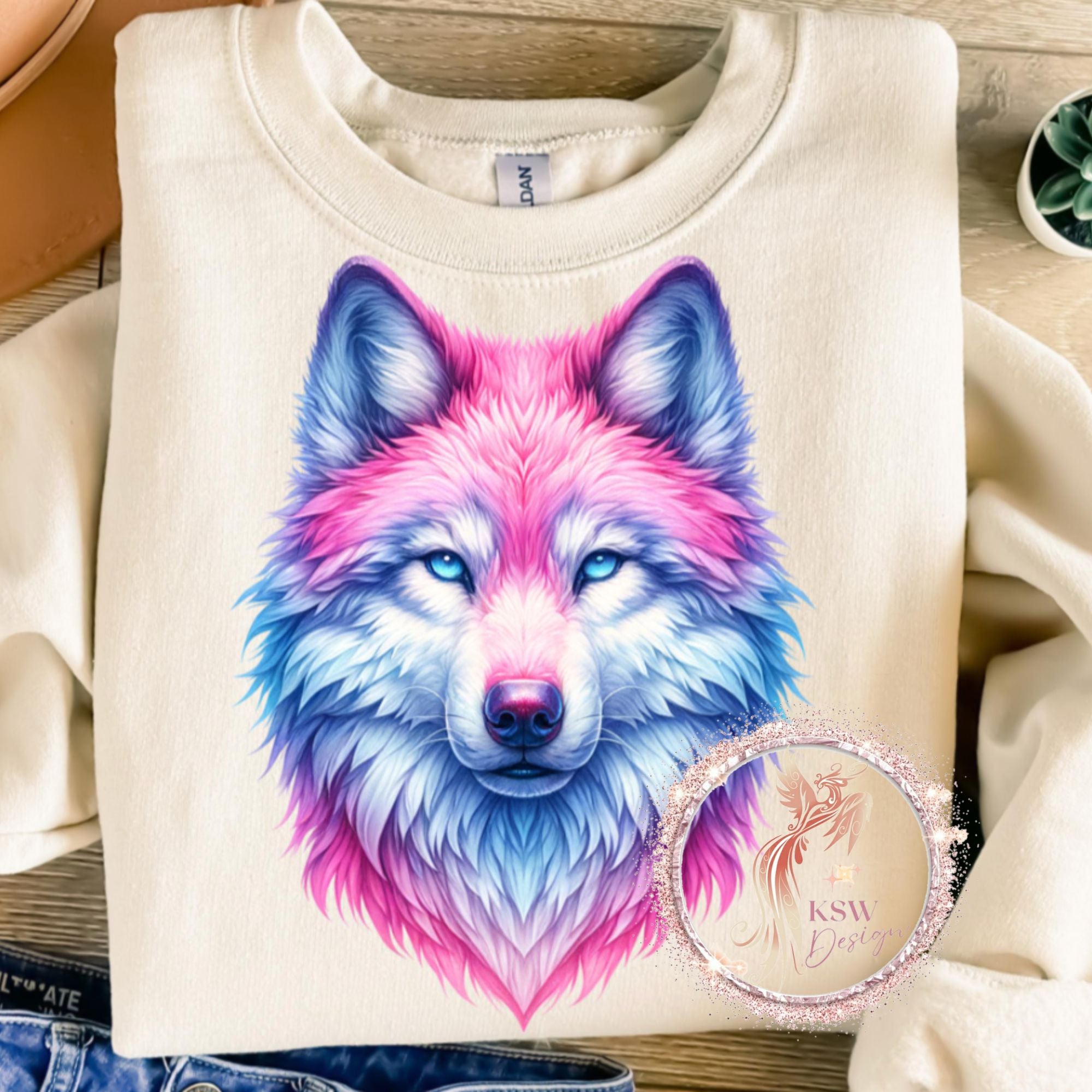 Pink & Blue Wolf Head Hoodie