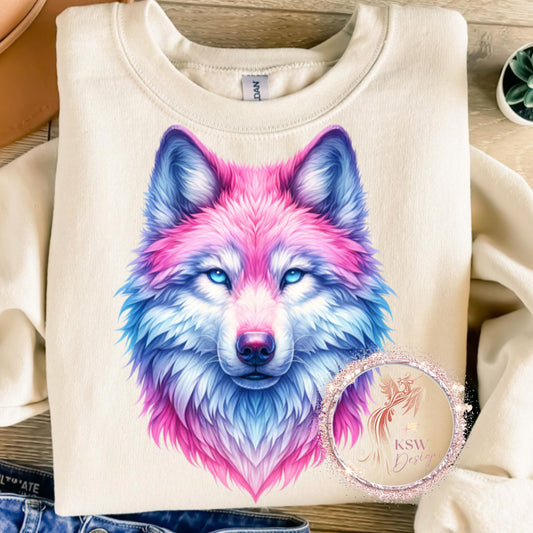 Pink & Blue Wolf Head Hoodie