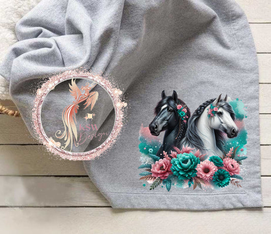 Black & White Horses With Flowers  Blanket