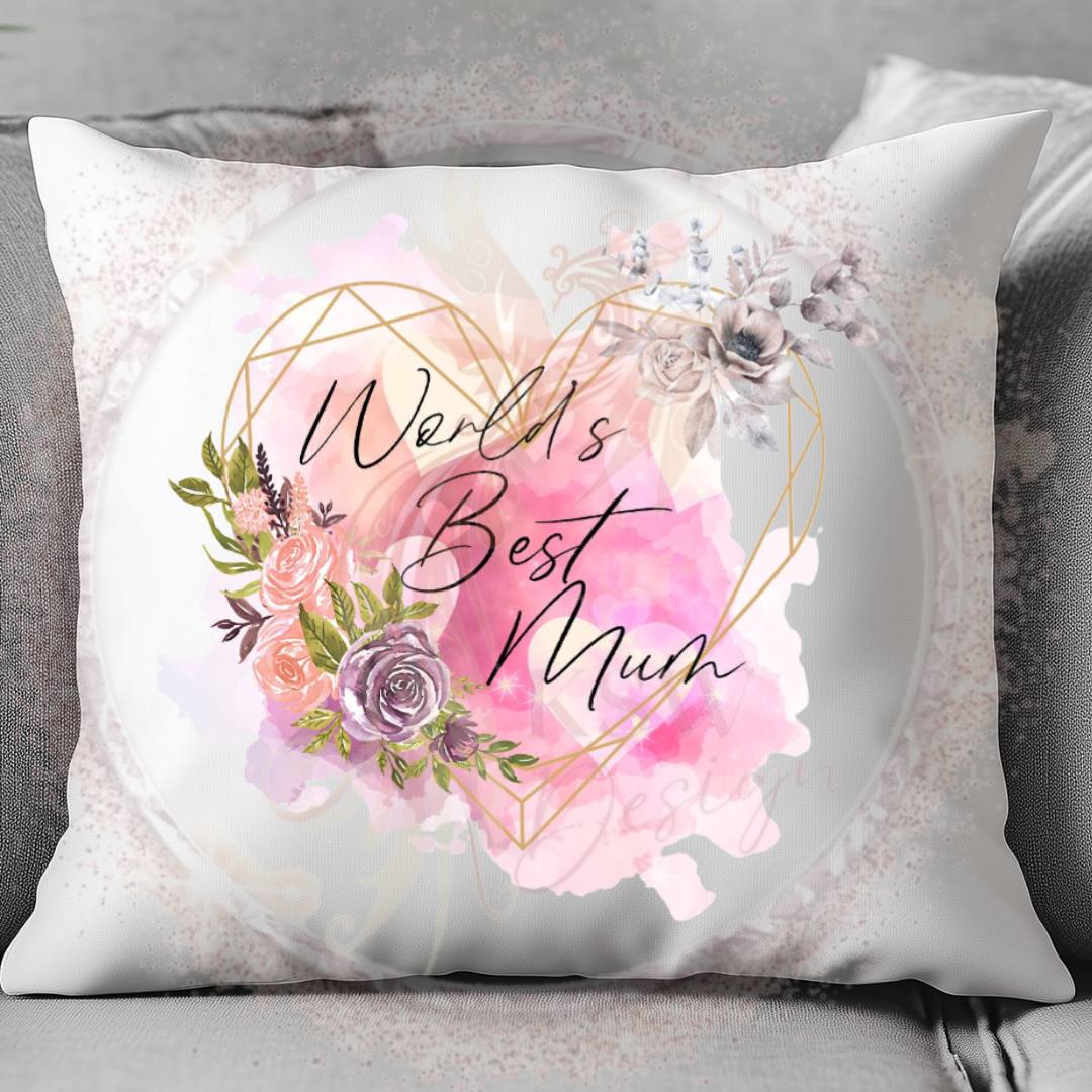 World’s Best Mum Cushion – Pink Watercolour Floral Heart Design