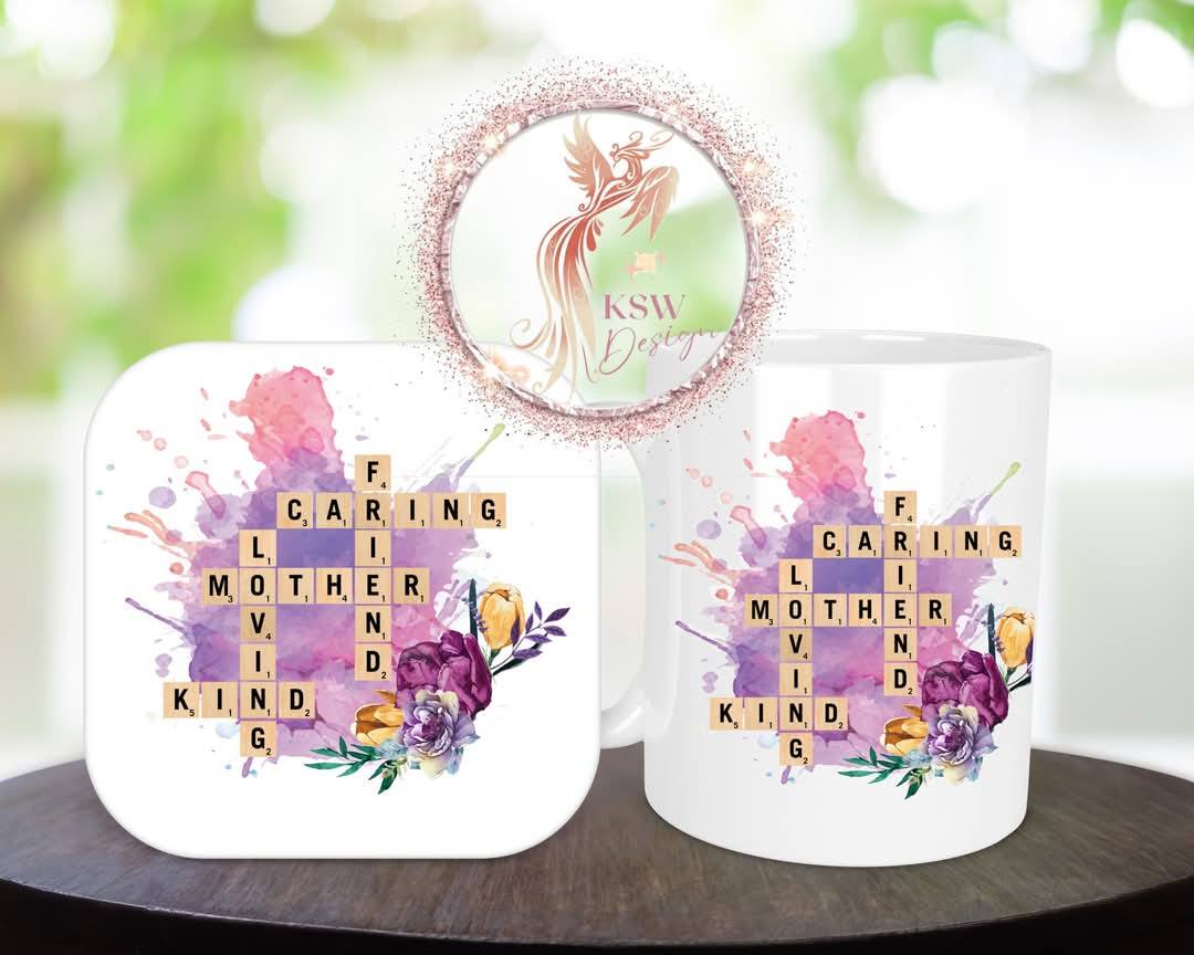 Caring, Loving, Kind Mother Mug & Coaster Set –  Floral Watercolour Design