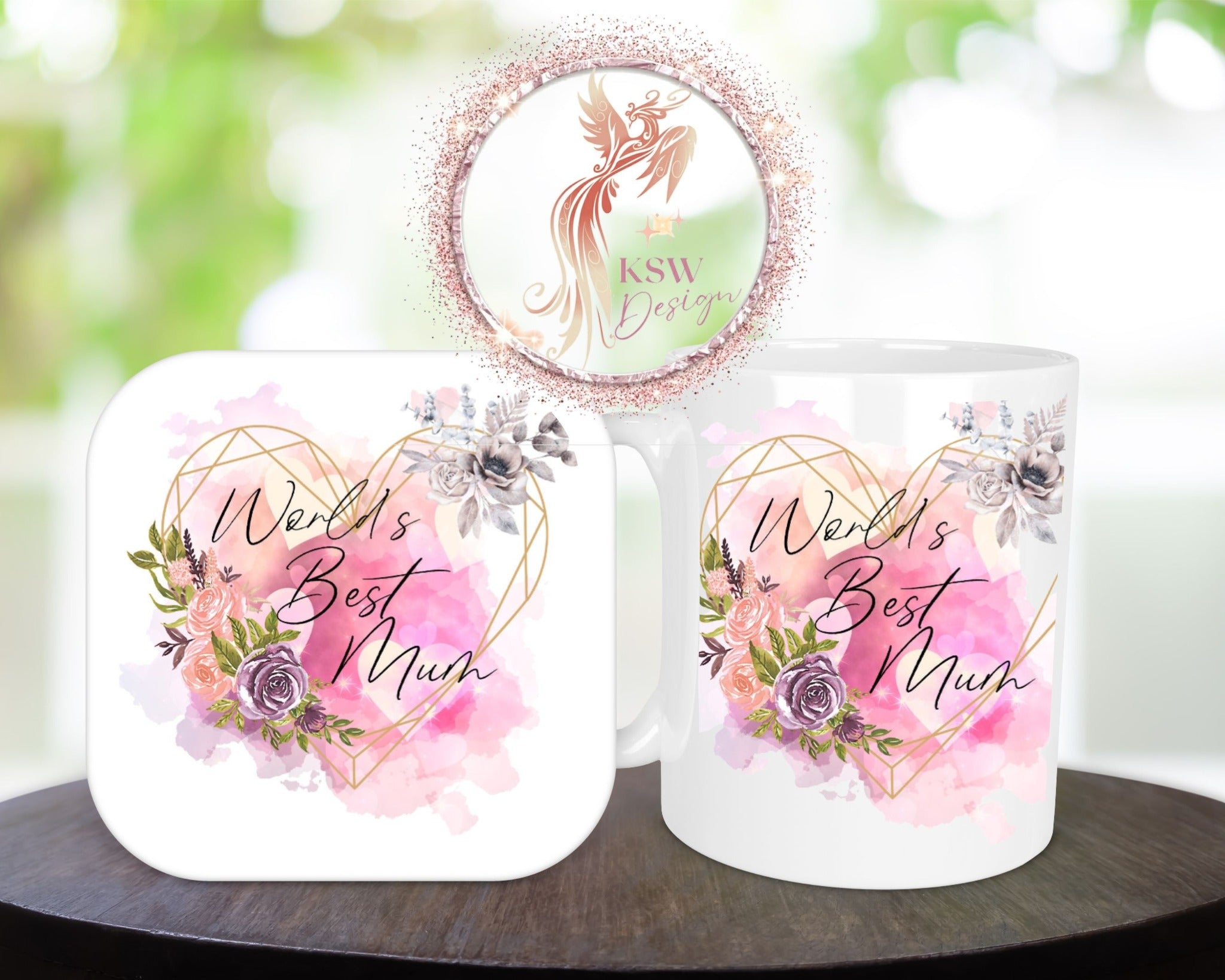 World’s Best Mum Mug & Coaster Set – Pink Watercolour Floral Heart Design