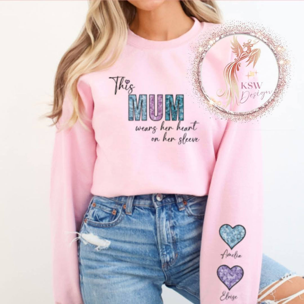 Personalised “This Mum Wears Her Heart on Her Sleeve” Hoodie – Custom Names & Heart Colours
