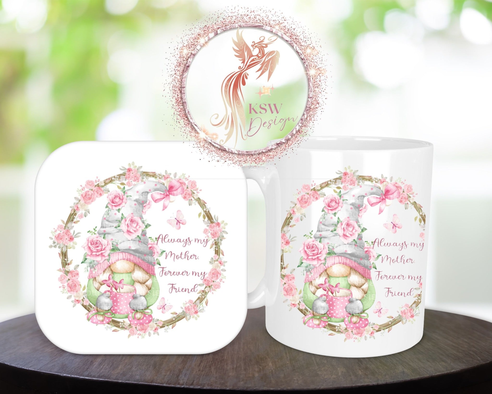 Always My Mother, Forever My Friend Mug & Coaster Set – Pink Floral Gnome Design
