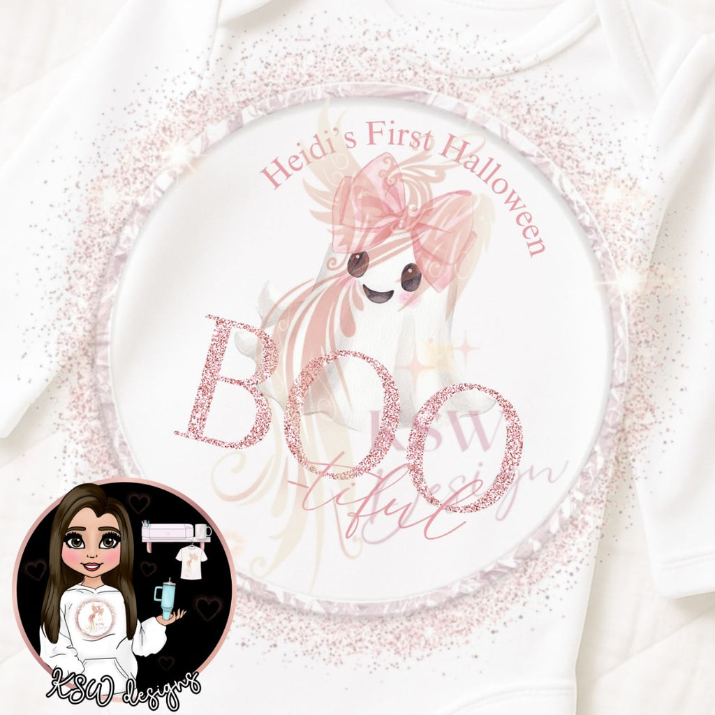 Personalized Halloween plate with ghost design and text on a white background