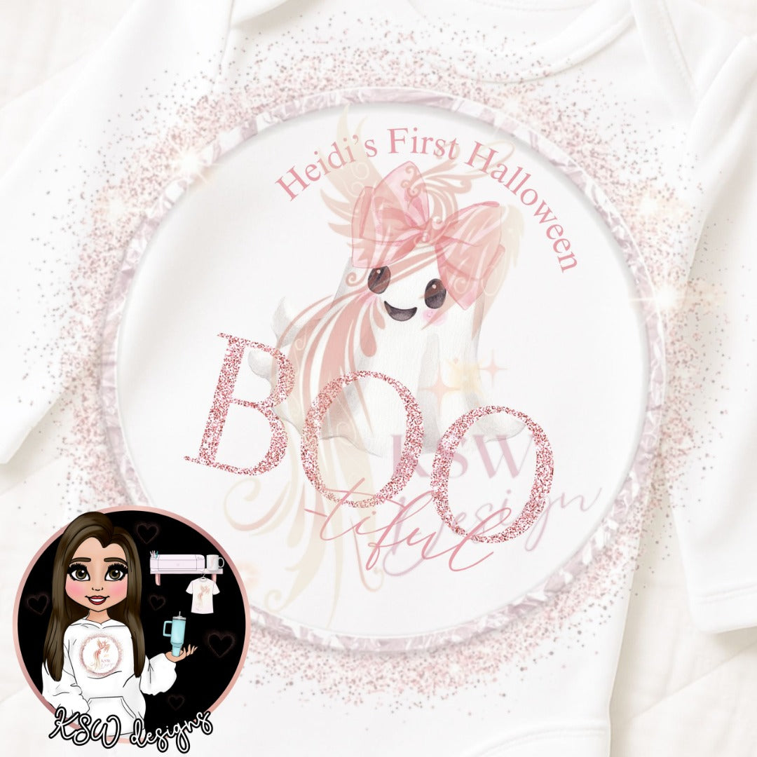 Personalized Halloween plate with ghost design and text on a white background