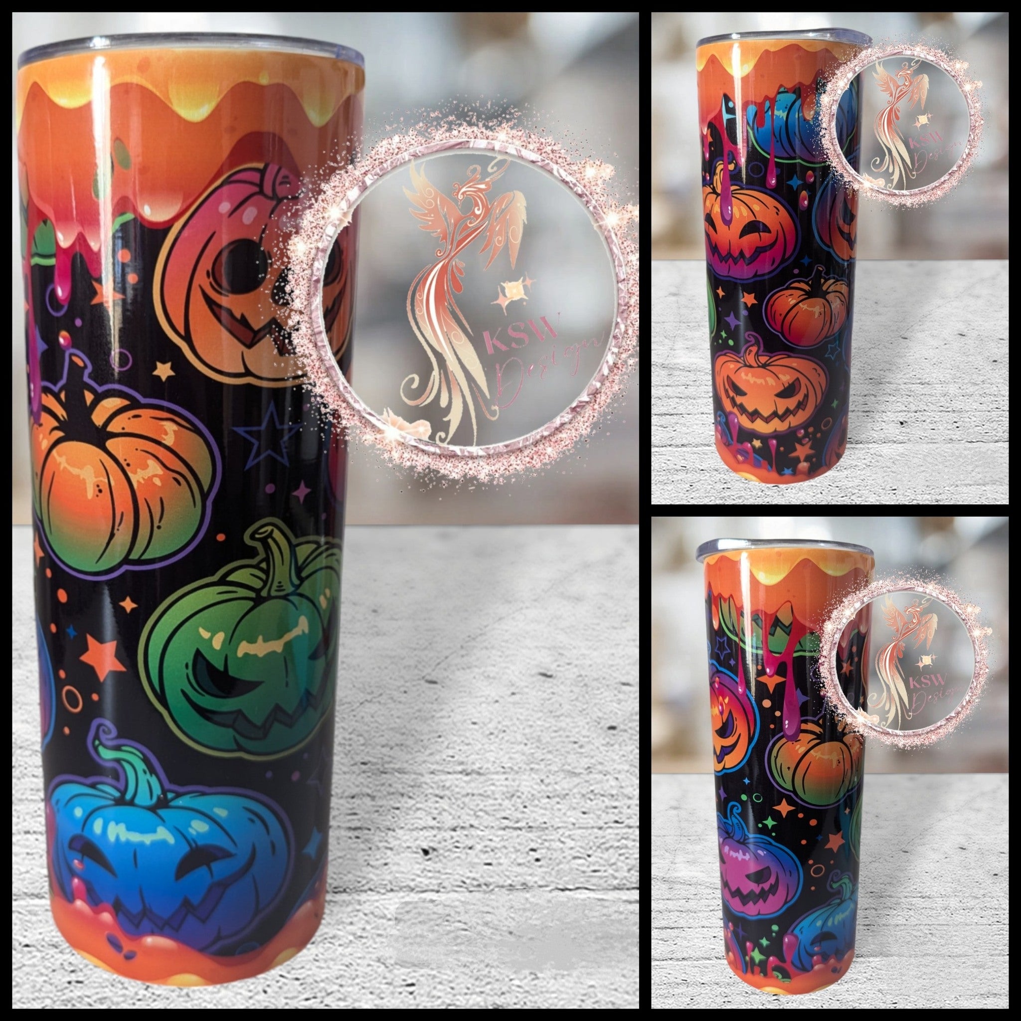 Colorful Halloween-themed tumbler with pumpkins on a wooden surface.