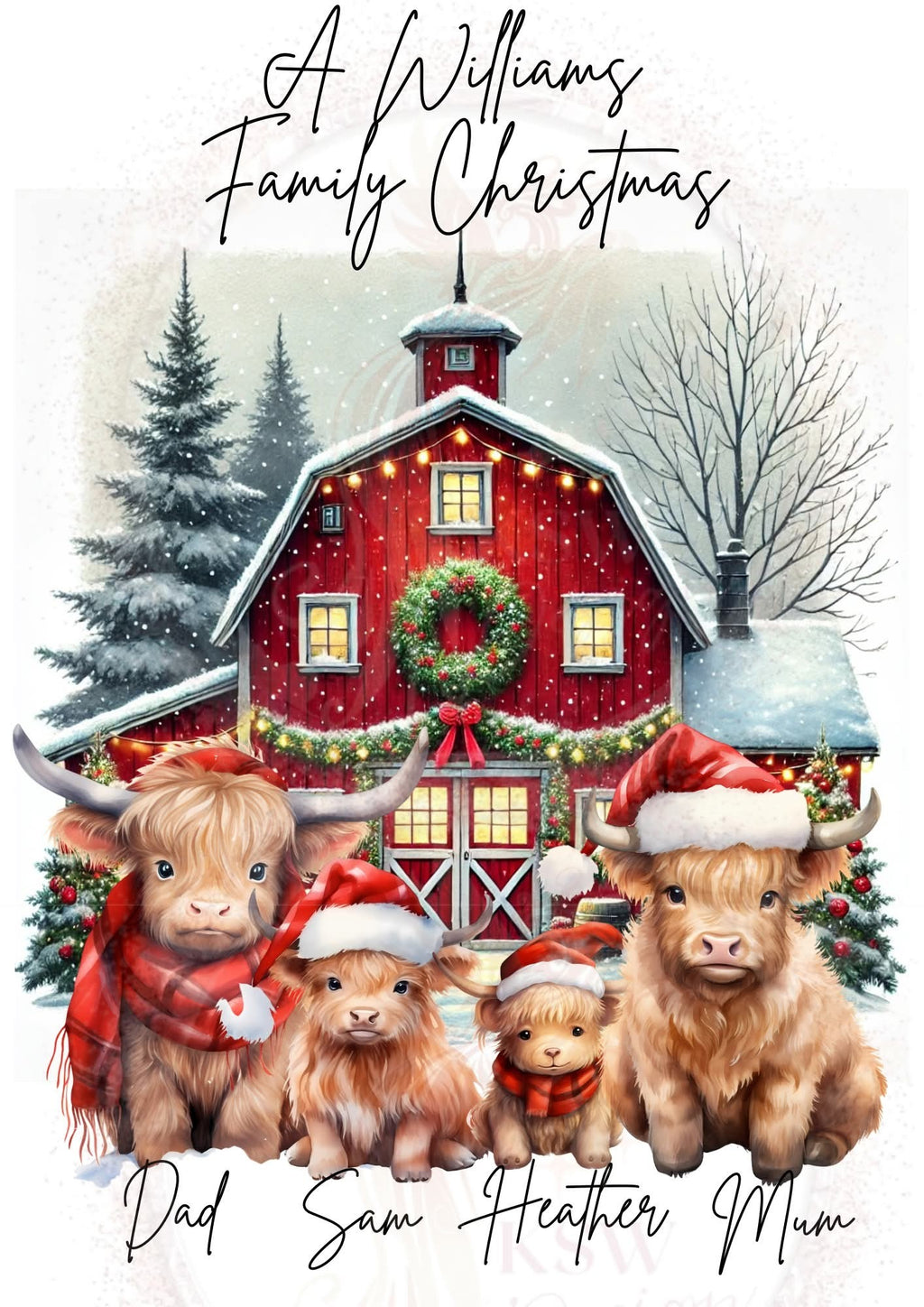 Highland Cow Christmas Family Print
