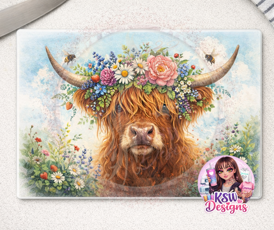 Highland Cow Floral Crown Glass Chopping Board – 11" x 8