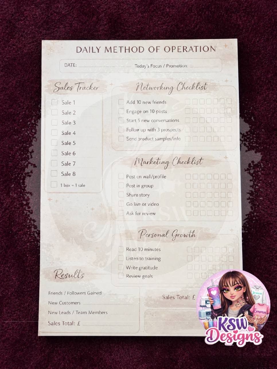 MLM Daily Method of Operation Business Tracker A5 & A4 Tear-Off Notepad