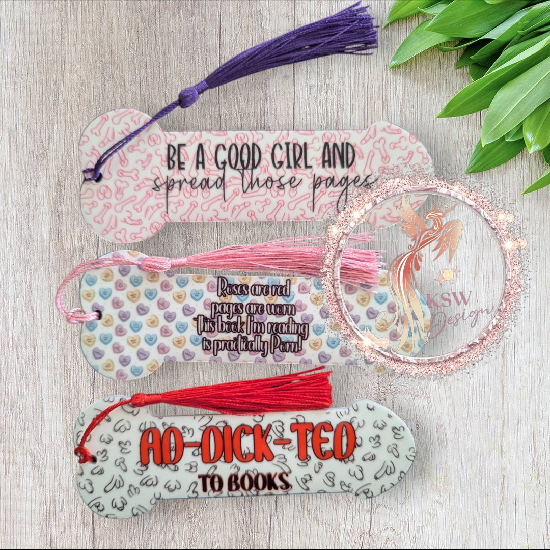 Ad-Dick-Ted To Books rude acrylic bookmark with tassel, smut reader gift / Six rude
bookmark designs for dark romance readers, UK handmade"