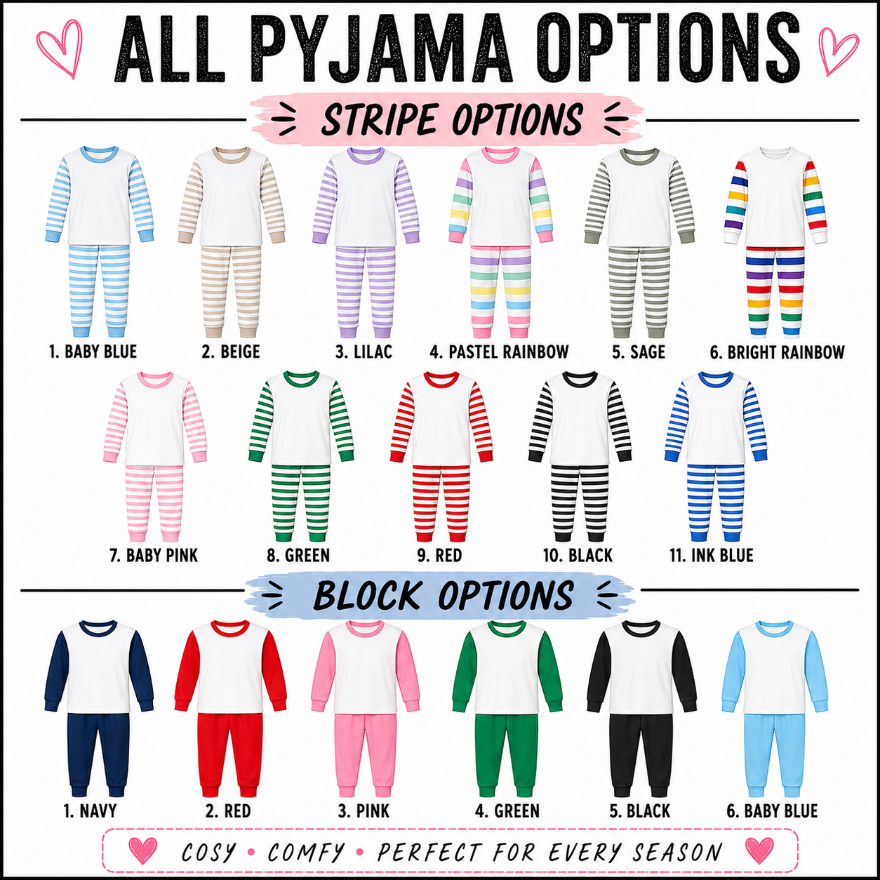 Adult pyjama colour options showing 11 striped pyjama sets and 6 block colour pyjama sets available from KSW Designs