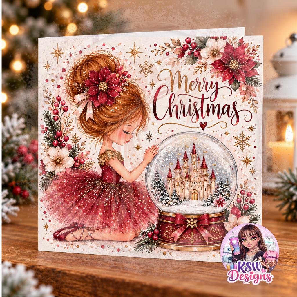 Christmas greeting card showing an auburn-haired ballerina in a sparkling burgundy tutu admiring a snowy castle snow globe, surrounded by festive flowers and golden stars.