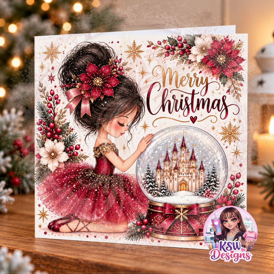6x6 Christmas greeting card featuring a black-haired ballerina in a burgundy tutu beside a magical castle snow globe, surrounded by red poinsettias, golden stars and Merry Christmas lettering.