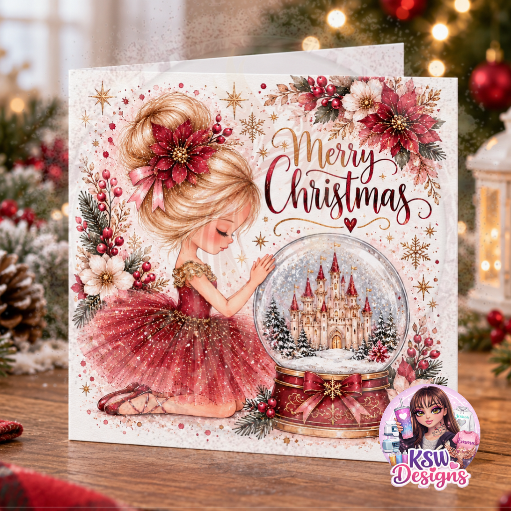 Blonde ballerina Christmas card featuring a girl in a red and gold ballet dress beside a castle snow globe, with poinsettias, festive berries and Merry Christmas wording.