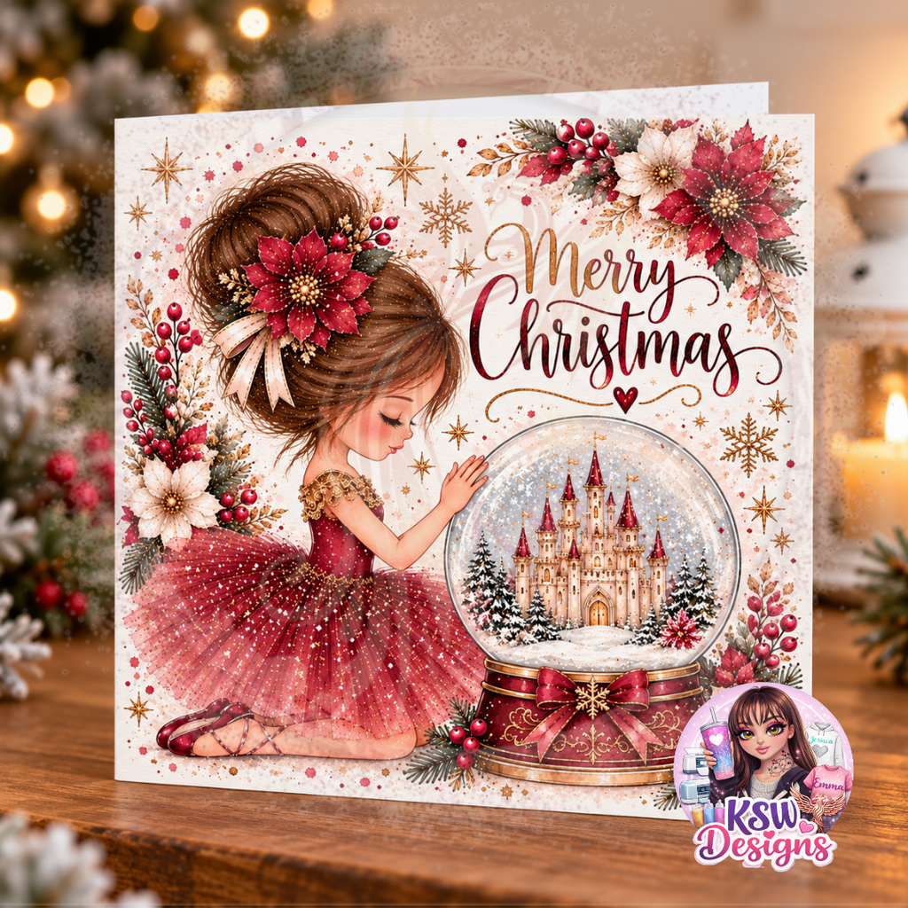 Square Christmas greeting card featuring a brown-haired ballerina wearing a burgundy dress and looking into a snowy castle globe, surrounded by gold stars and festive flowers.