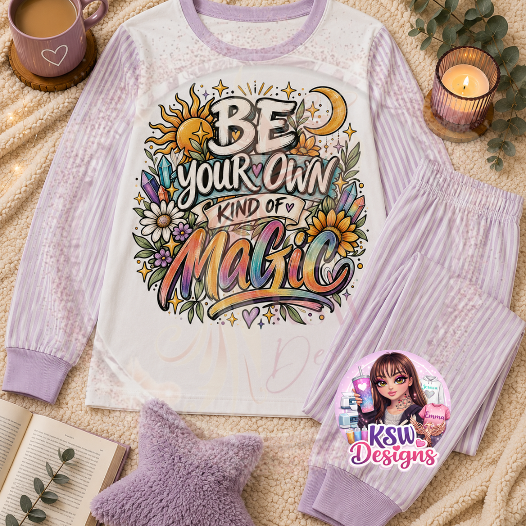 Be Your Own Kind of Magic adult pyjama set with colourful celestial sun, moon, crystal and floral design shown on lilac striped pyjamas