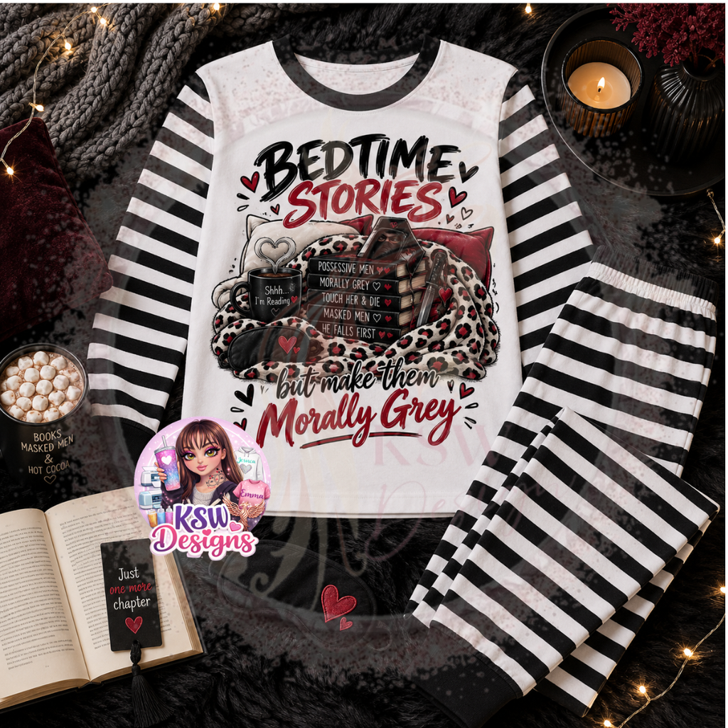 Bedtime Stories But Make Them Morally Grey adult bookish pyjama set shown in black stripe with dark romance reading design