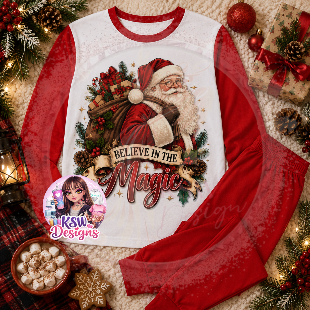 Believe in the Magic adult Christmas pyjama set featuring Santa with presents, festive holly, berries and pinecones shown on red block pyjamas